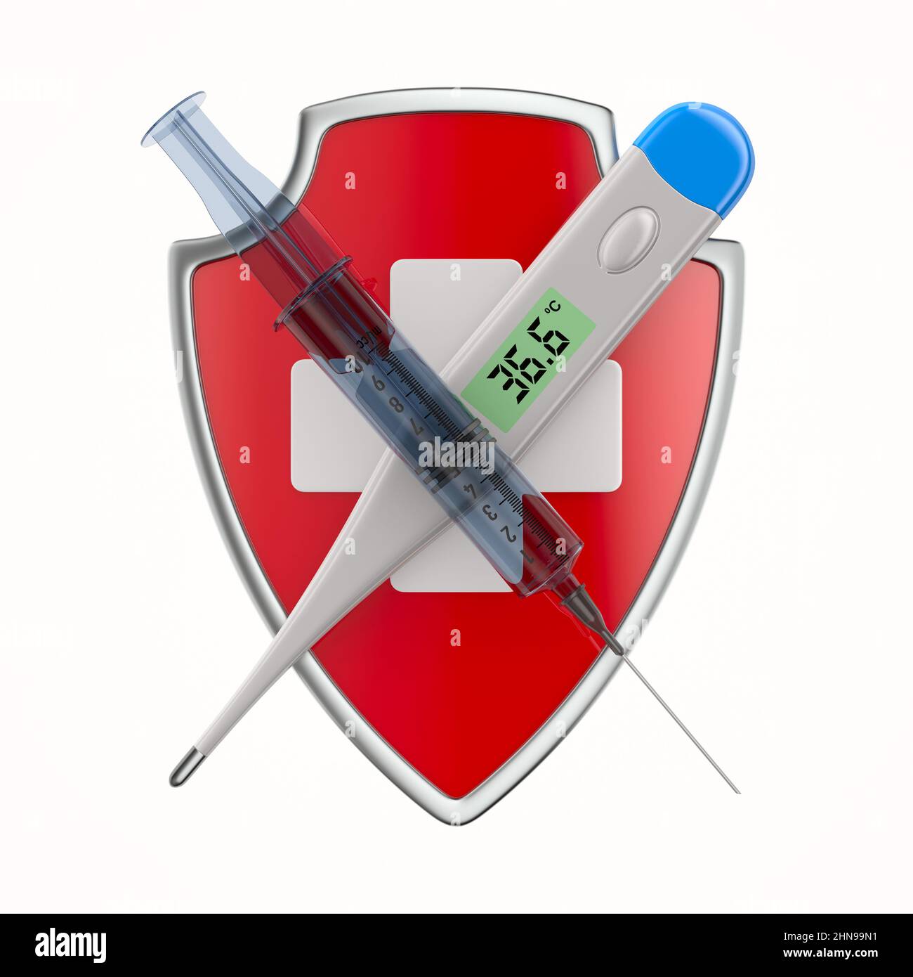 bouclier rouge avec croix blanche sur fond blanc. Illustration isolée 3D Banque D'Images