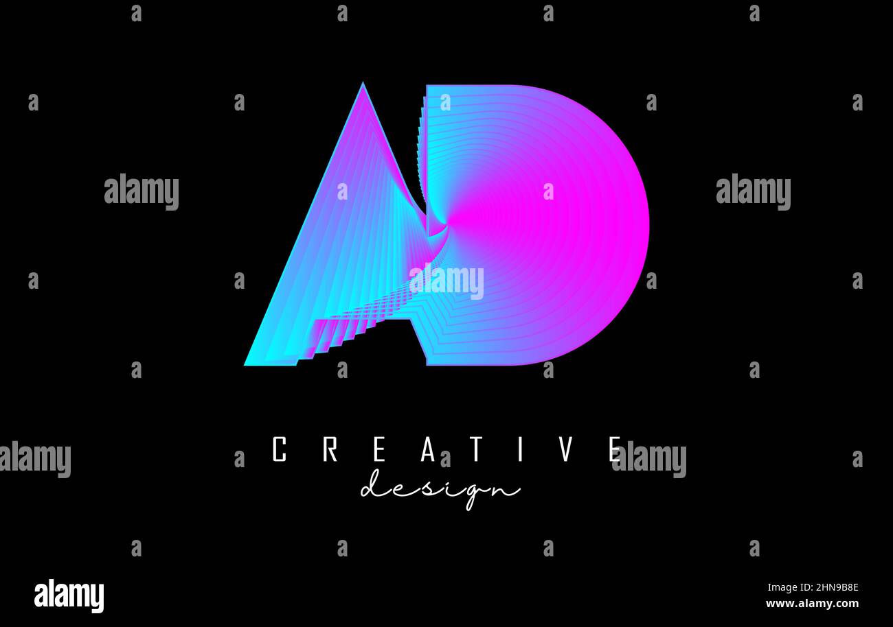 Logo violet lettre AD avec lignes et effet spirale. Illustration vectorielle avec typographie géométrique. Icône créative avec lettre. Illustration de Vecteur