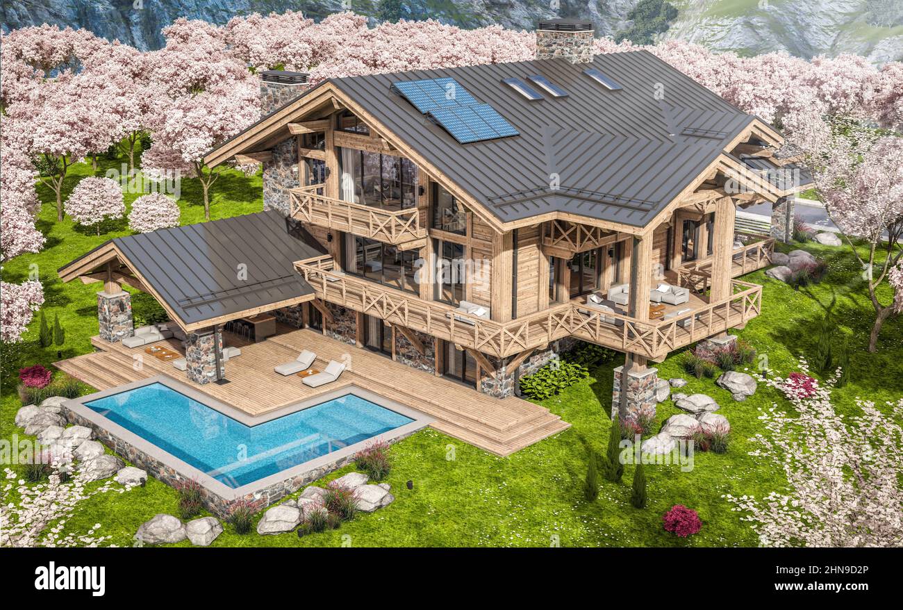 3d réalisation de chalet moderne confortable avec piscine et parking à vendre ou louer. Belles montagnes forestières en arrière-plan. Jour de printemps frais avec une floraison Banque D'Images