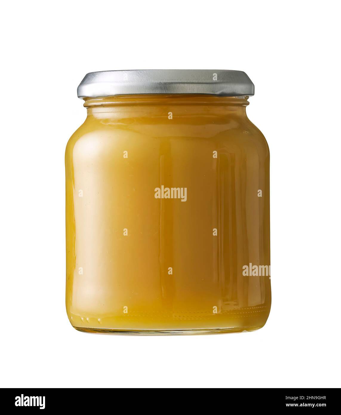 compote de pommes dans un pot isolé sur blanc Banque D'Images