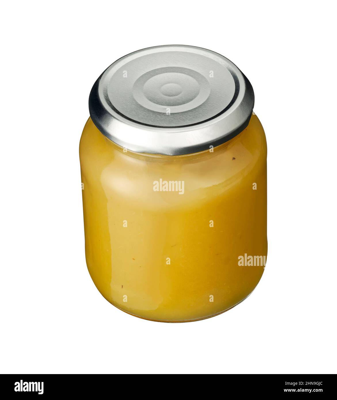 compote de pommes dans un pot isolé sur blanc Banque D'Images