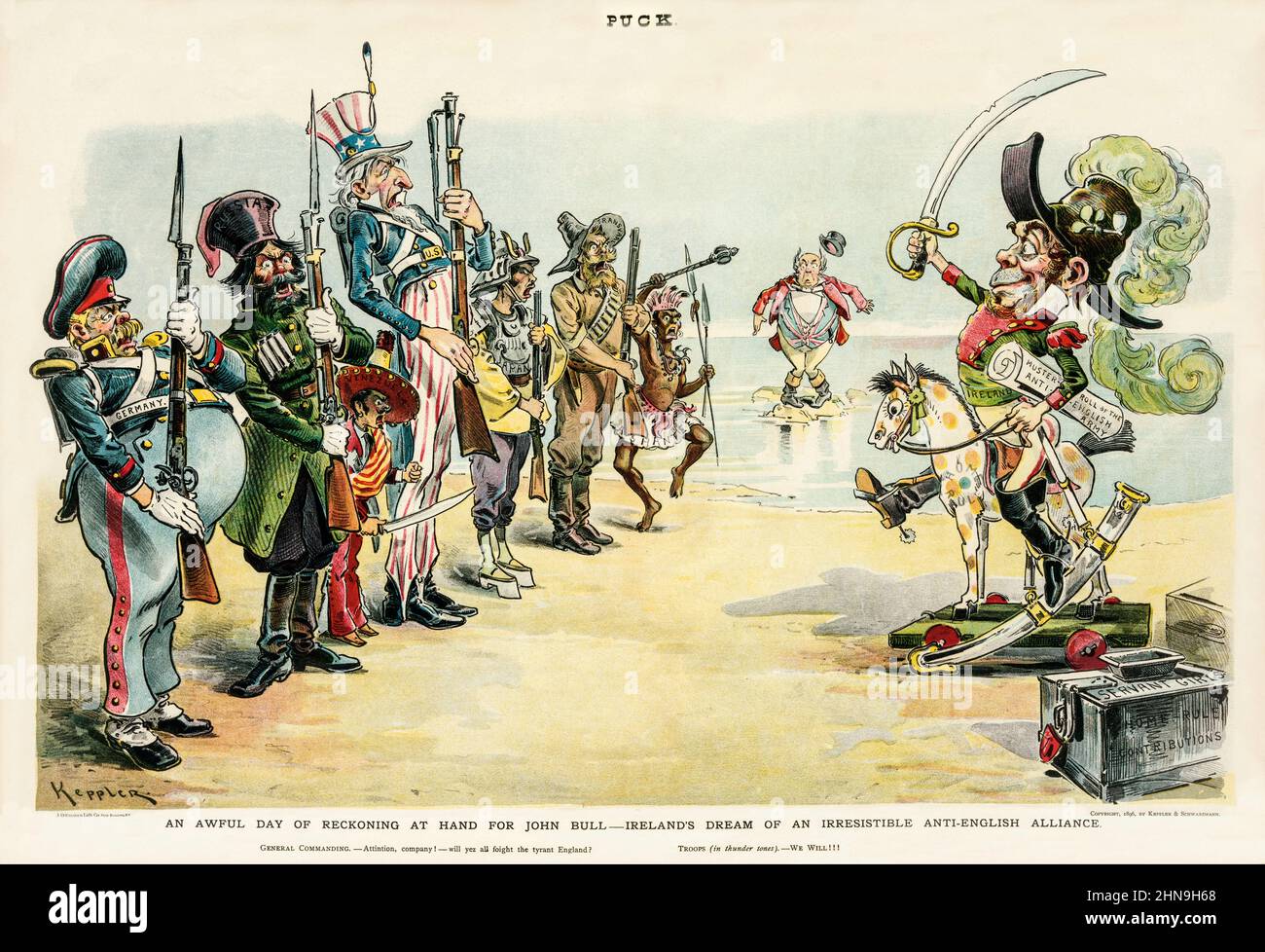 Une illustration du magazine American Puck datant du début du 20th siècle montrant un Irlandais stéréotypé, intitulé « Ireland », comme général militaire assis sur un cheval à bascule appelé « Home Rule », présente des articles qui indiquent « Muster-Roll of the anti-English Army », et s'adresse à un groupe de soldats déchiquetés nommés « Allemagne, Russie, Venezuela, Japon, Transvaal », Et Ashantee', l'oncle Sam se tient parmi eux; John Bull, en état de choc, est debout sur une petite île juste au large. Banque D'Images