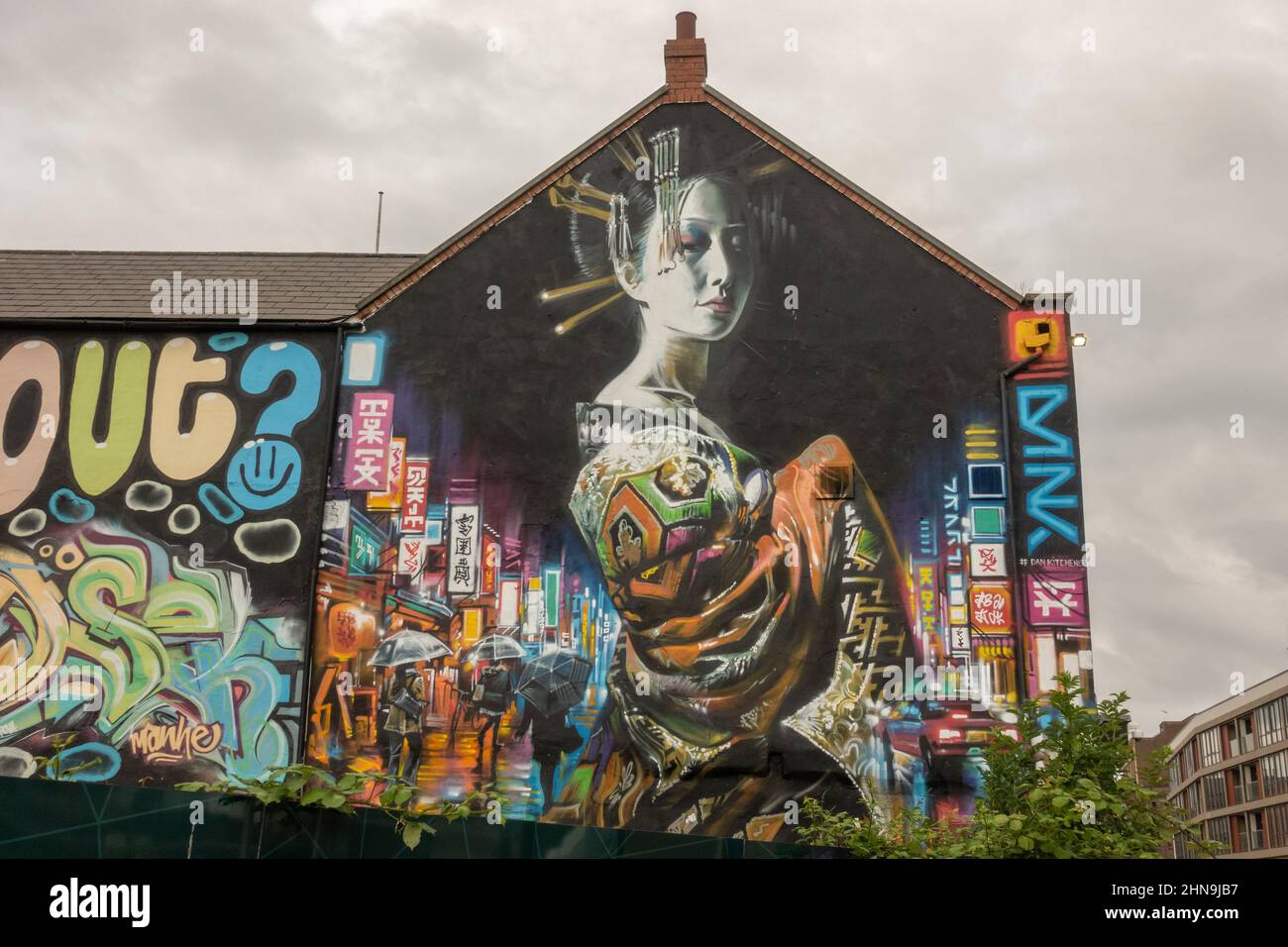 Street art by Dan Kitchener (Dank), dans la région des anciens docks de Kingston upon Hull, East Riding of Yorkshire, Royaume-Uni. Banque D'Images