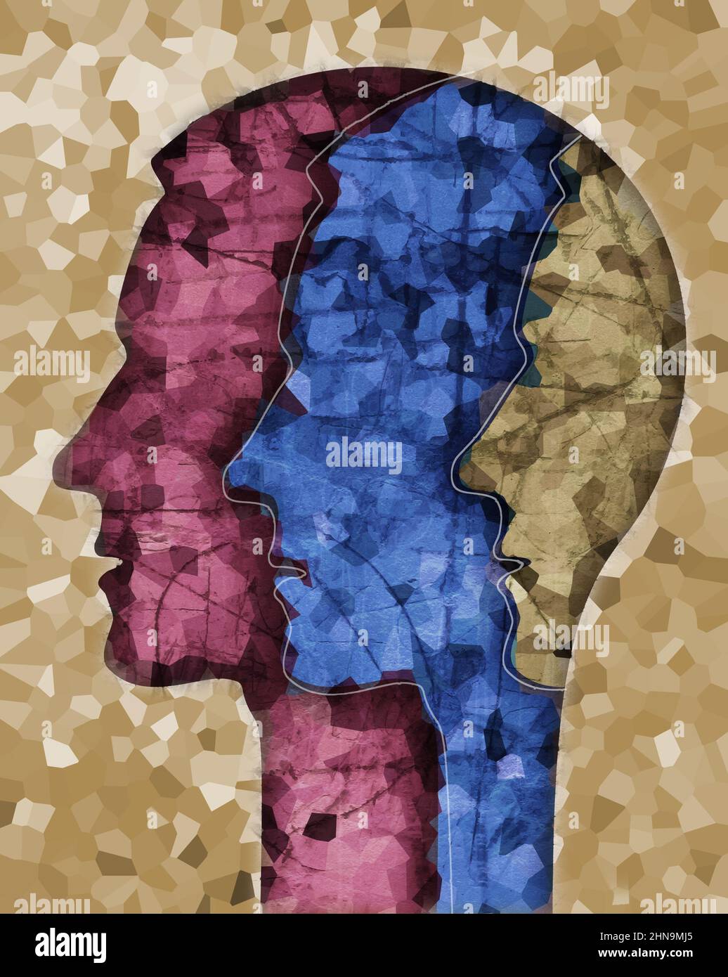 Silhouette de la tête masculine de schizophrénie. Illustration avec trois têtes mâles stylisées sur une texture grunge symbolisant la schizophrénie Dépression, diso bipolaire Banque D'Images