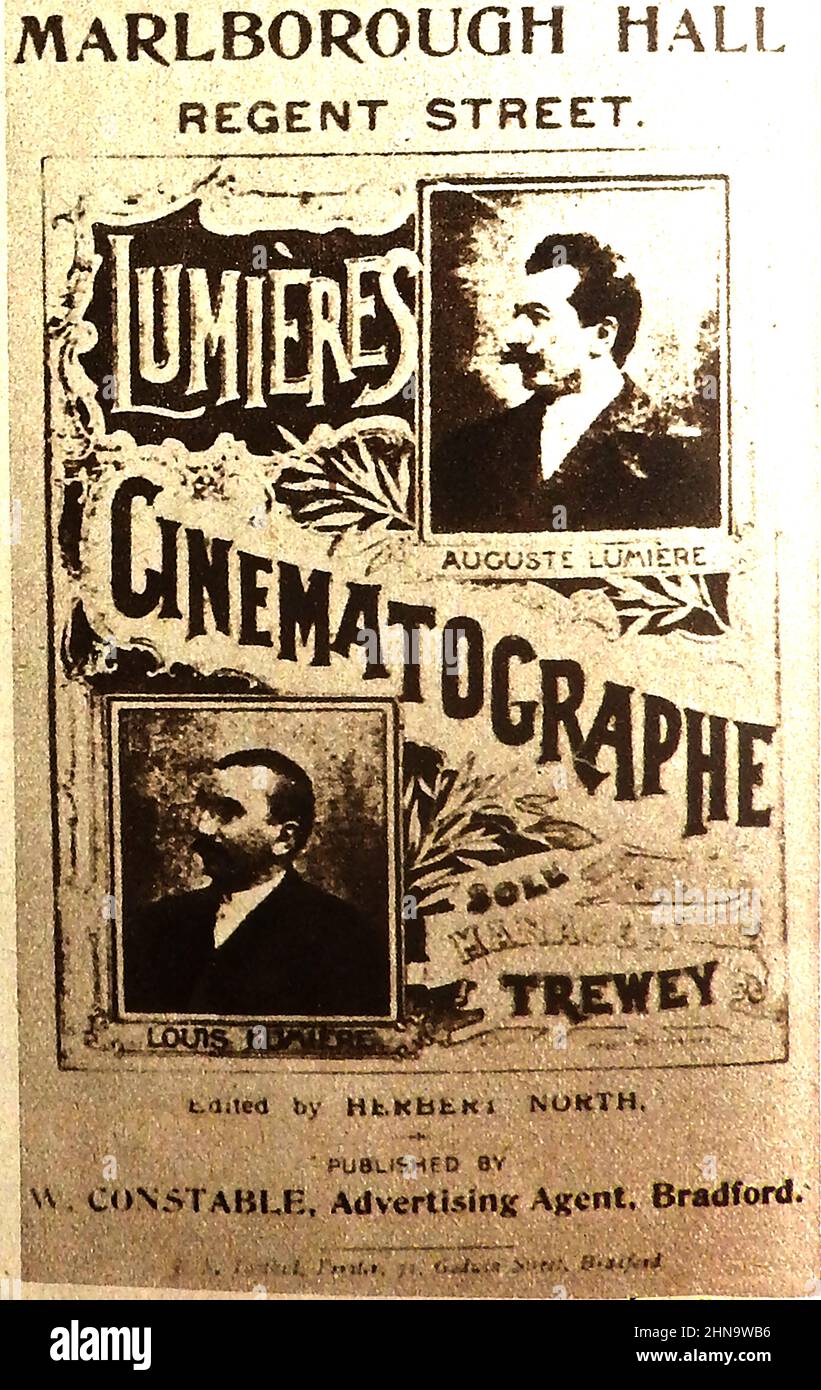 1900 - affiche pour le premier véritable cinéma à Marlborough Hall, Polytechnic Institute, Regent Street, Londres, Royaume-Uni pour Auguste Lumieres et Louis Lumiere (directeur unique Trewey). Il se composait d'une série de courts métrages accompagnés d'un passage de la scène. La première présentation du programme avait eu lieu le 20th 1896 février. Banque D'Images