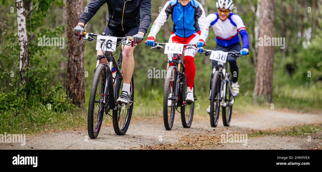 trois cyclistes masculins sur un sentier forestier en vtt Banque D'Images