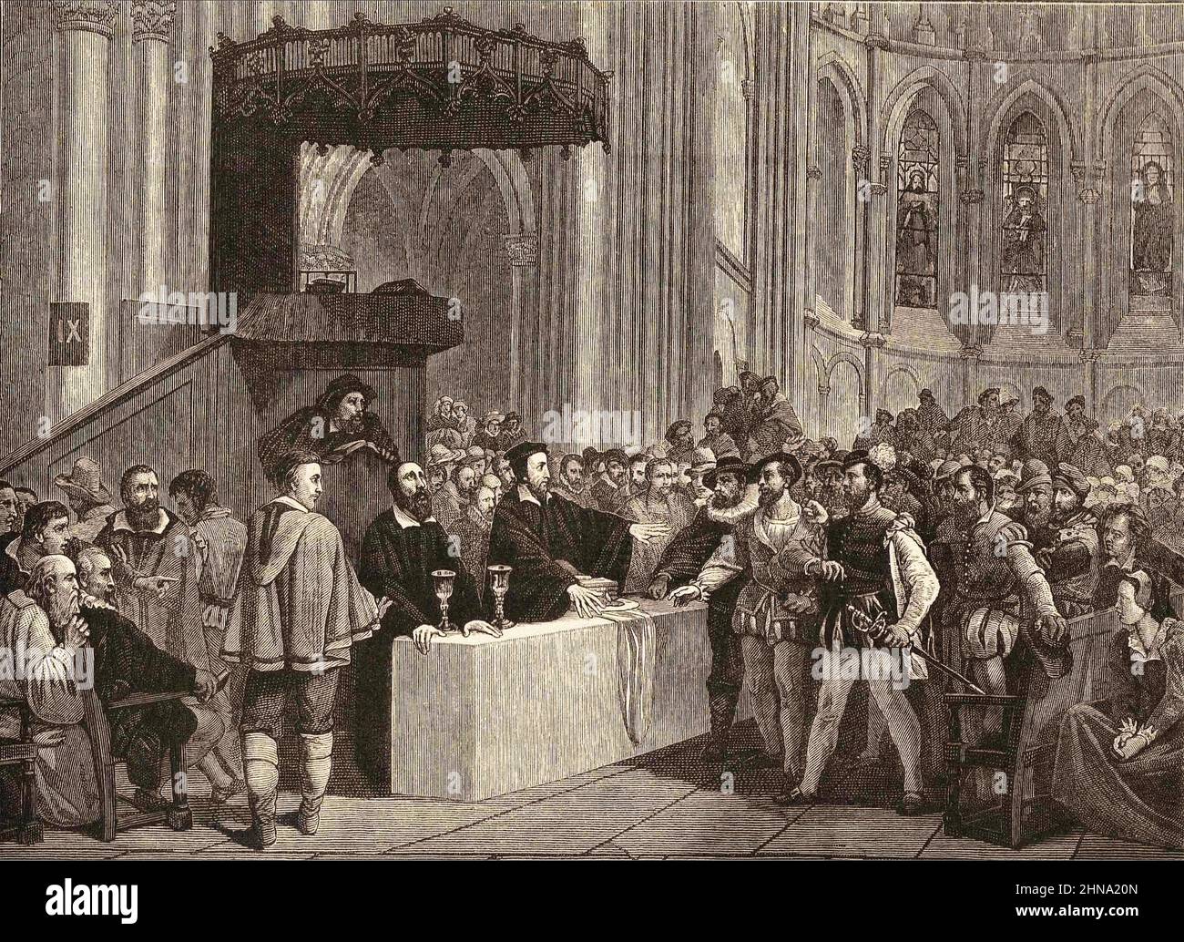 Calvin refusant le dîner du seigneur aux libertins de la cathédrale de petr, Genève Banque D'Images