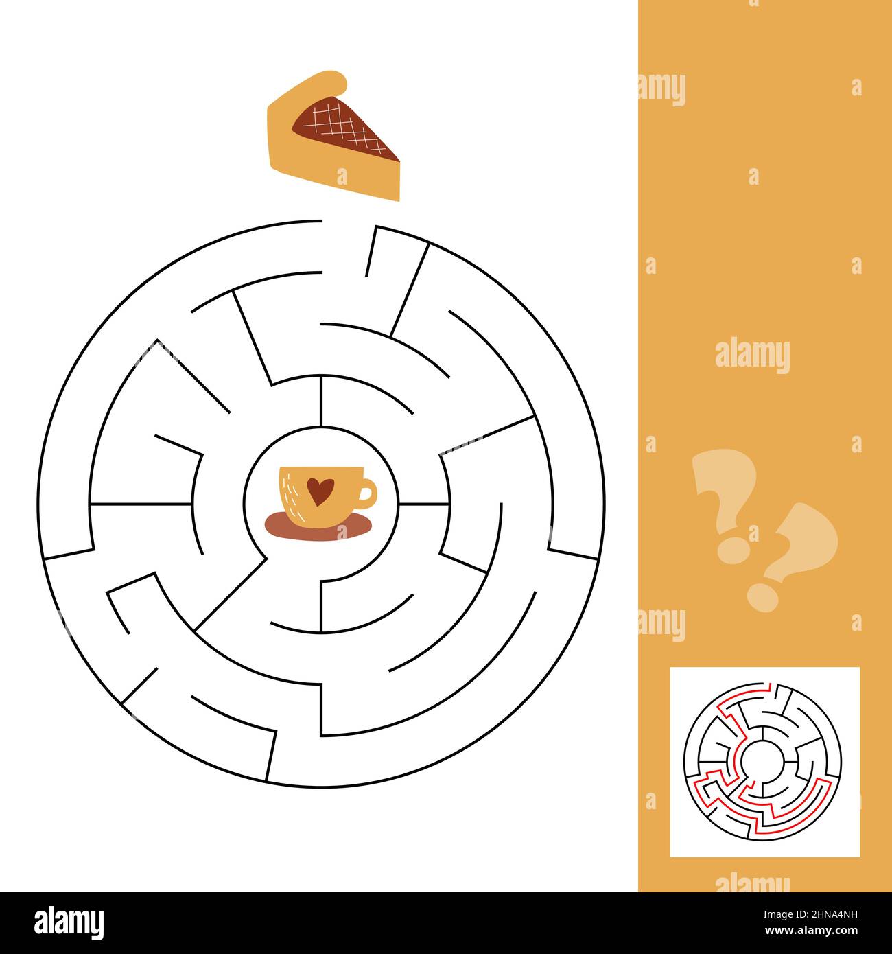 Un morceau de gâteau et une tasse de thé chaud. Jeu de labyrinthe pour les enfants d'âge préscolaire. Jeu simple pour les enfants avec solution Illustration de Vecteur