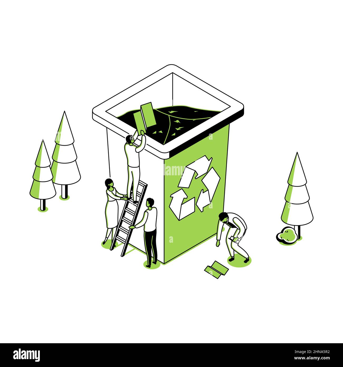 Recyclage - illustration de style de conception d'isométrie de ligne moderne. Image détaillée en vert avec des personnages masculins et féminins triant les déchets, en laissant tomber li Illustration de Vecteur Recyclage - illustration de style de conception d'isométrie de ligne moderne. Image détaillée en vert avec des personnages masculins et féminins triant les déchets, en laissant tomber li Illustration de Vecteur