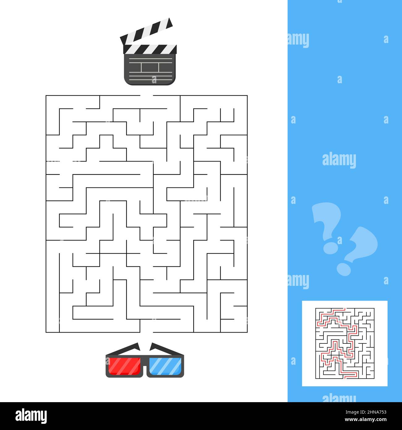 3d lunettes et film jeu de labyrinthe de clapperboard pour les enfants. Connecter les éléments en trouvant le bon chemin. Jeu pour enfants avec solution Illustration de Vecteur