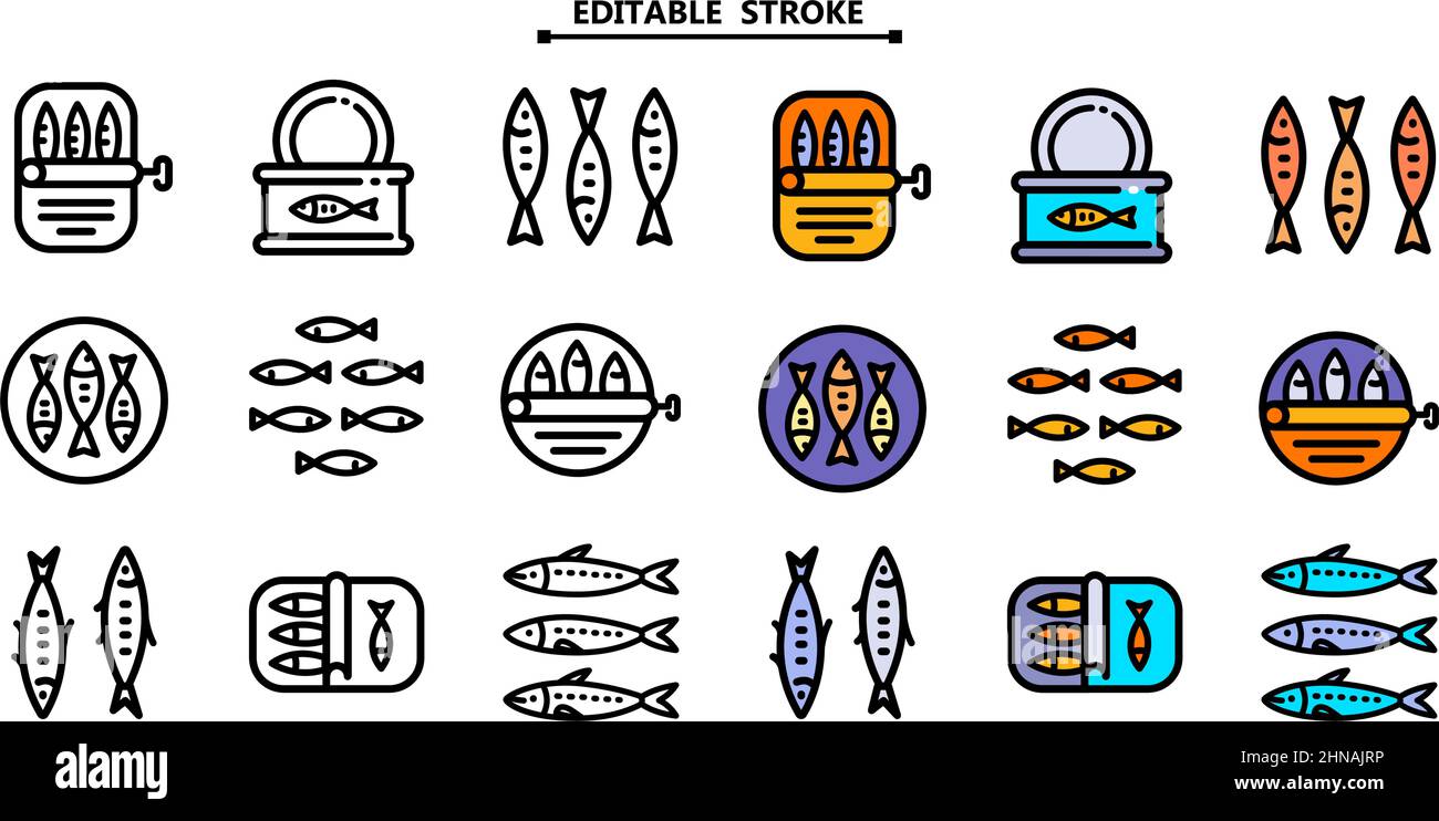 Les icônes de sardine définissent le vecteur de contour. Icônes de la cuisine du Portugal. Contour modifiable. Vector portugais national alimentaire, emballage de produits de la mer. Anchois en conserve Illustration de Vecteur