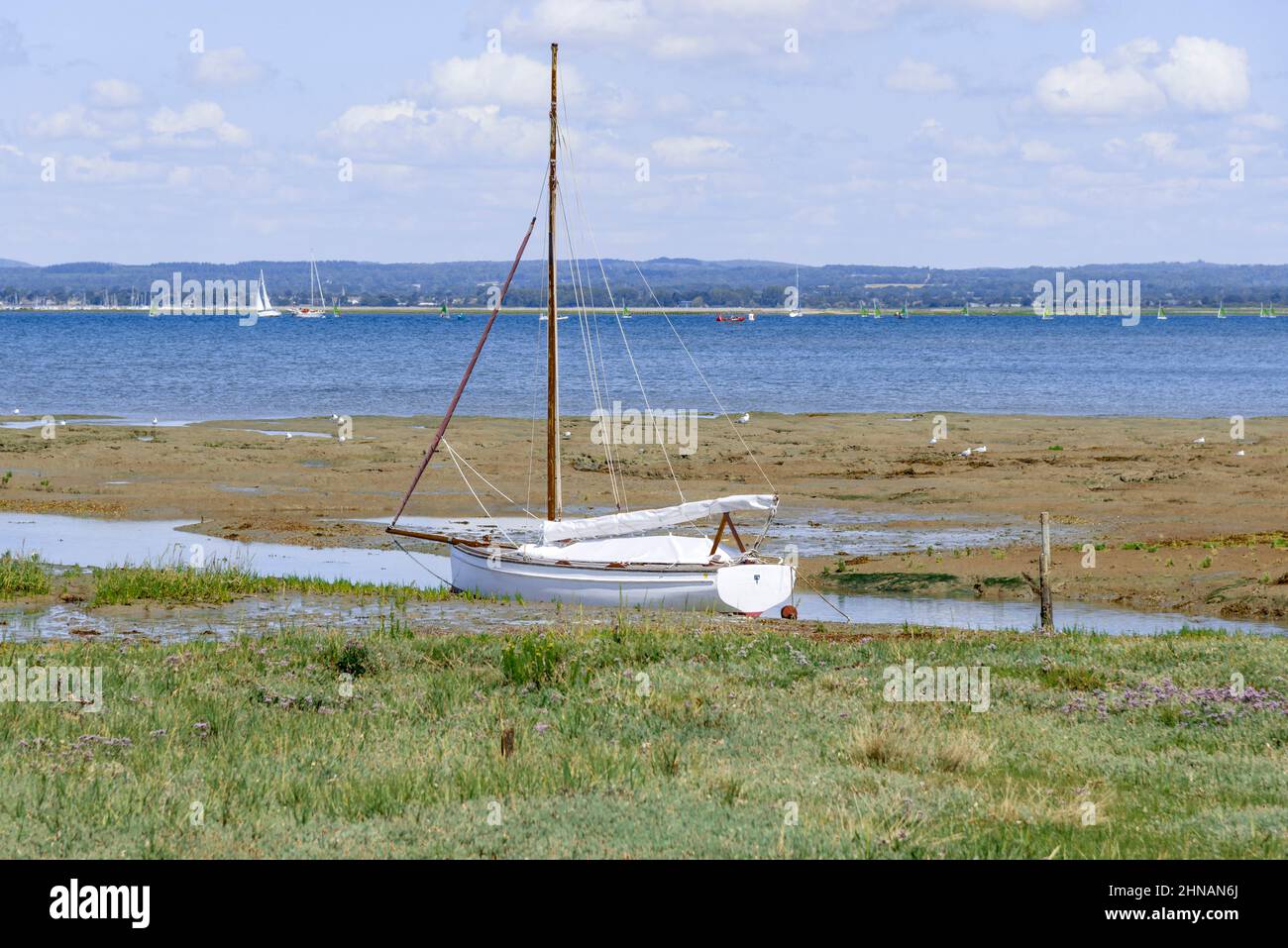 Scène pittoresque de bateau amarré à marée basse dans le port de Chichester avec Hayling Island à distance près de Chichester, West Sussex, Angleterre, Royaume-Uni Banque D'Images