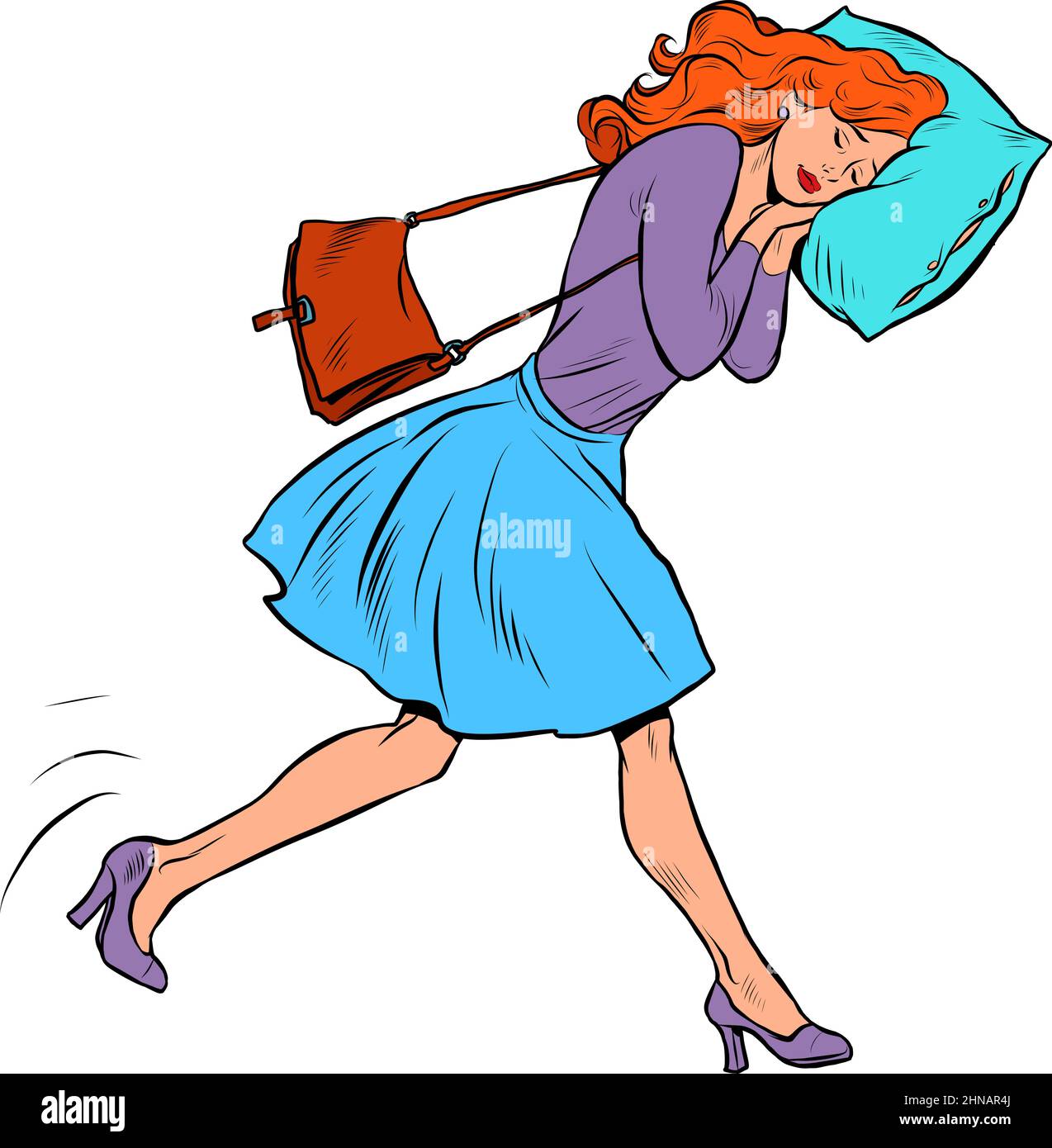 Une femme d'affaires fatiguée dort en déplacement. Va au travail le matin avec sa tête sur un oreiller Illustration de Vecteur