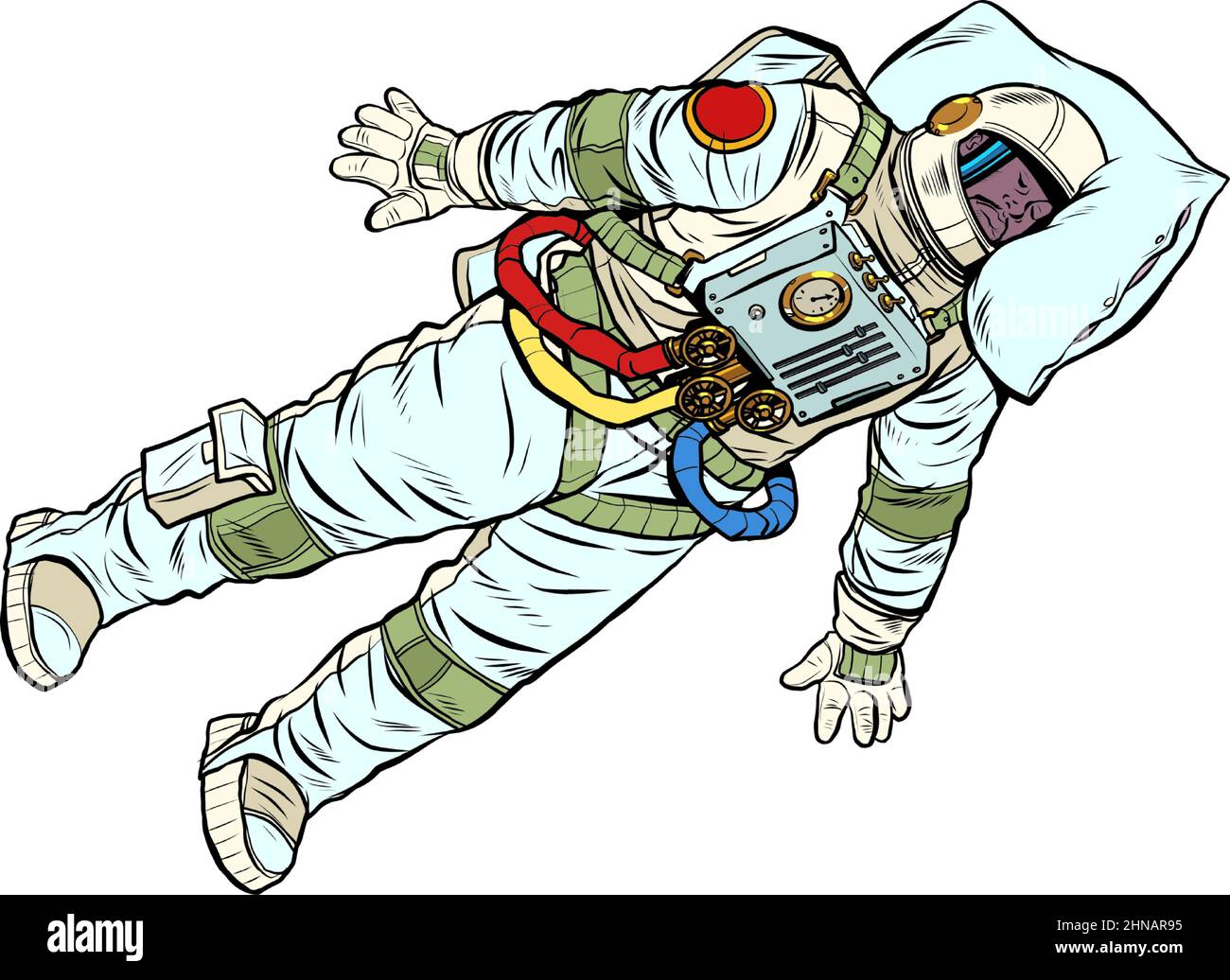 Un astronaute fatigué dort dans l'espace. Un professionnel dort au travail avec sa tête sur un oreiller Illustration de Vecteur