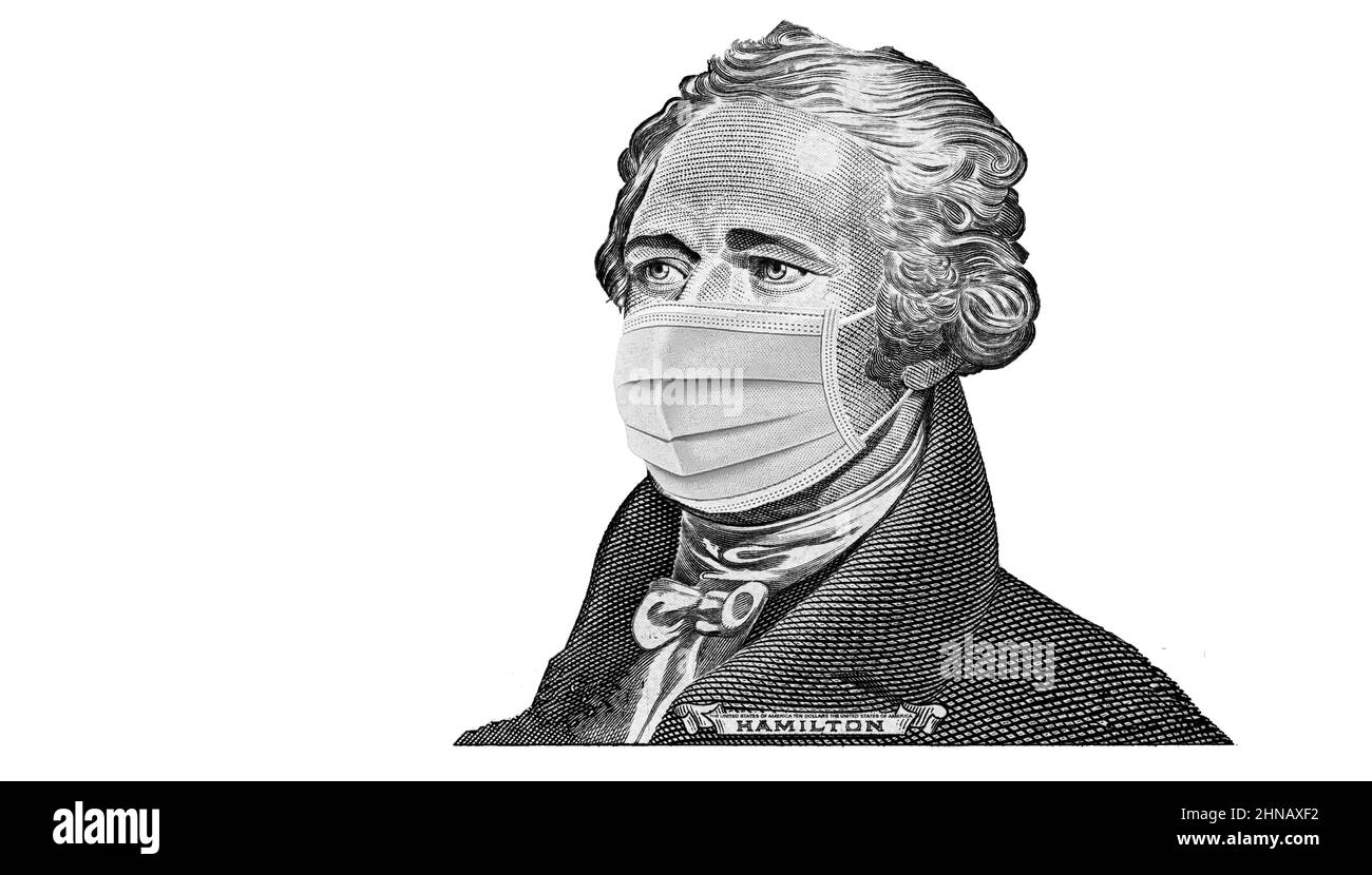 Alexander Hamilton de 10 dollar billet de banque avec masque chirurgical pour la conception Banque D'Images