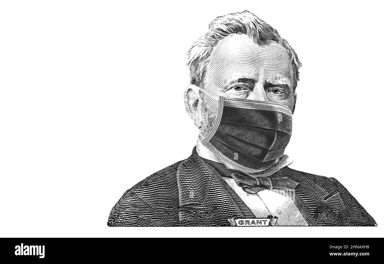 Ulysses S. Grant coupé sur nouveau billet de 50 dollars avec masque chirurgical à des fins de conception Banque D'Images