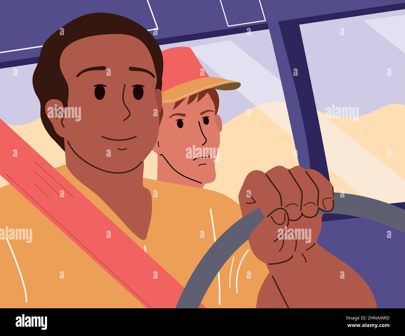 Voyage, voyage. Deux jeunes sont en voiture sur la route. Vectoriel plat. Illustration de Vecteur