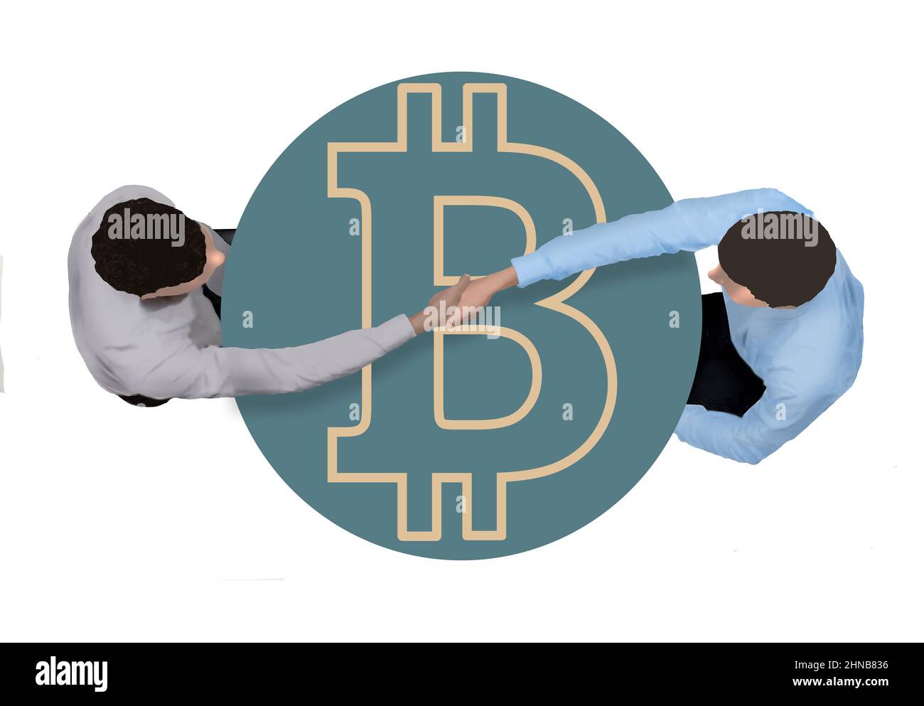 Deux hommes d'affaires qui font une affaire de bitcoin de pair à pair se secouent la main sur une table décorée d'un logo de bitcoin dans une illustration de 3-d. Banque D'Images