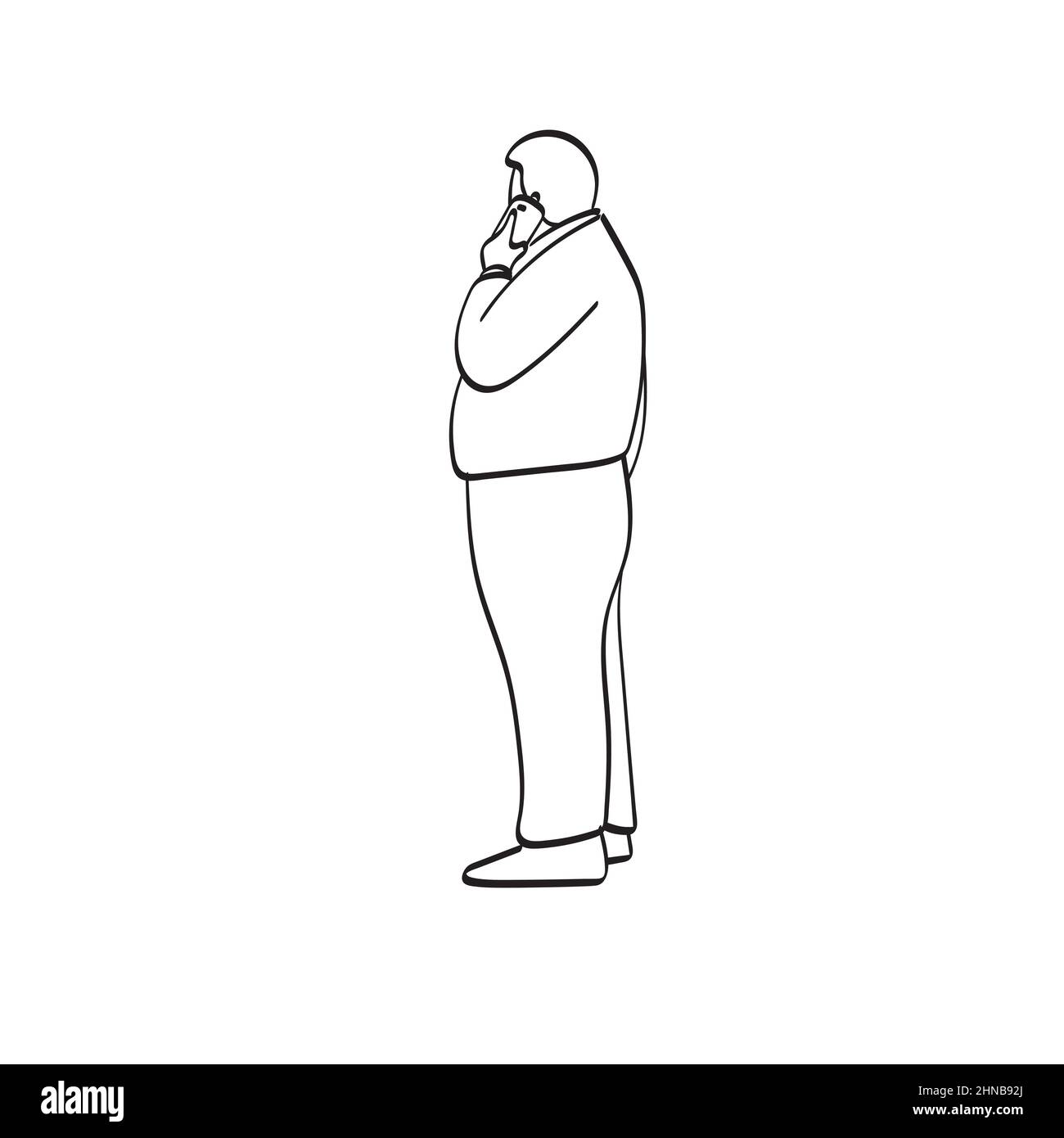 dessin au trait sur toute la longueur vue latérale de gros homme à l'aide d'un vecteur d'illustration de smartphone dessiné à la main isolé sur fond blanc Illustration de Vecteur