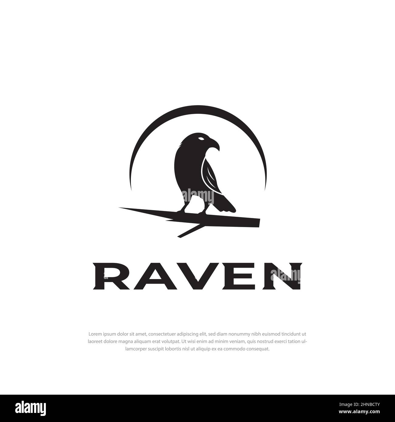 Logo Design Black Crow silhouette perchée sur une branche faisant face Illustration de Vecteur