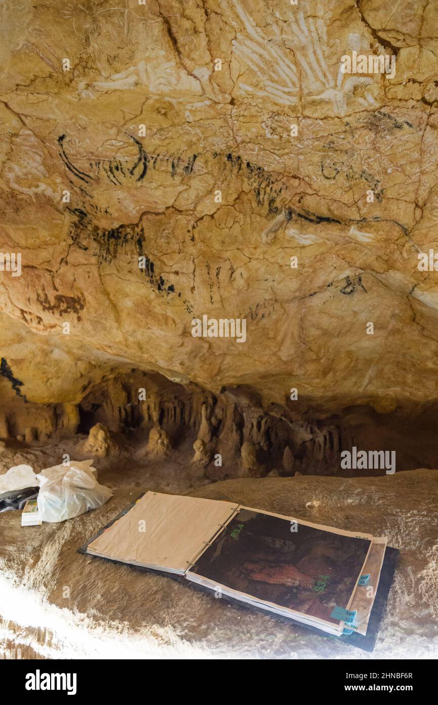 Un livre avec des photos de la grotte originale et un bison peint sur le mur sont vus à l'intérieur de la grotte Cosquer.Renaud Muselier (Président de la région Sud) a visité le site de reproduction de la grotte Cosquer. En juin 2022, la réplique de la grotte préhistorique Cosquer s'ouvrira au public. C'est la reproduction de la grotte en 3rd après celle de Lascaux et de Chauvet. Située dans l'ancienne Maison de la Méditerranée, en face du MUCEM, cette attraction devrait devenir une attraction touristique majeure à Marseille. (Photo de Laurent Coust/SOPA Images/Sipa USA) Banque D'Images