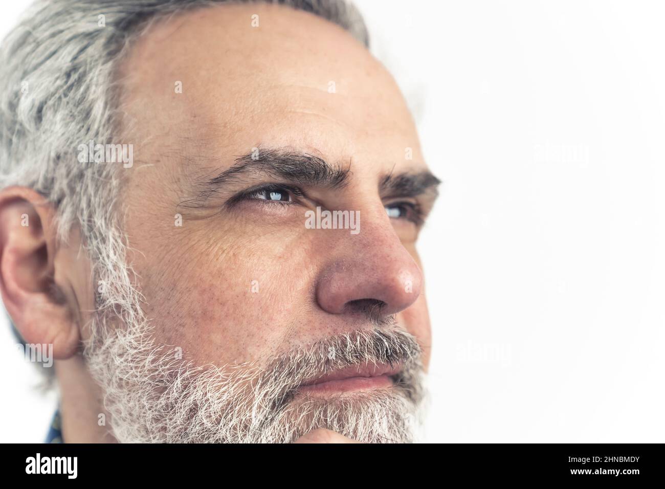 Homme confiant dans le milieu de l'âge avec des cheveux gris et la barbe contemplant - très gros plan. Photo de haute qualité Banque D'Images