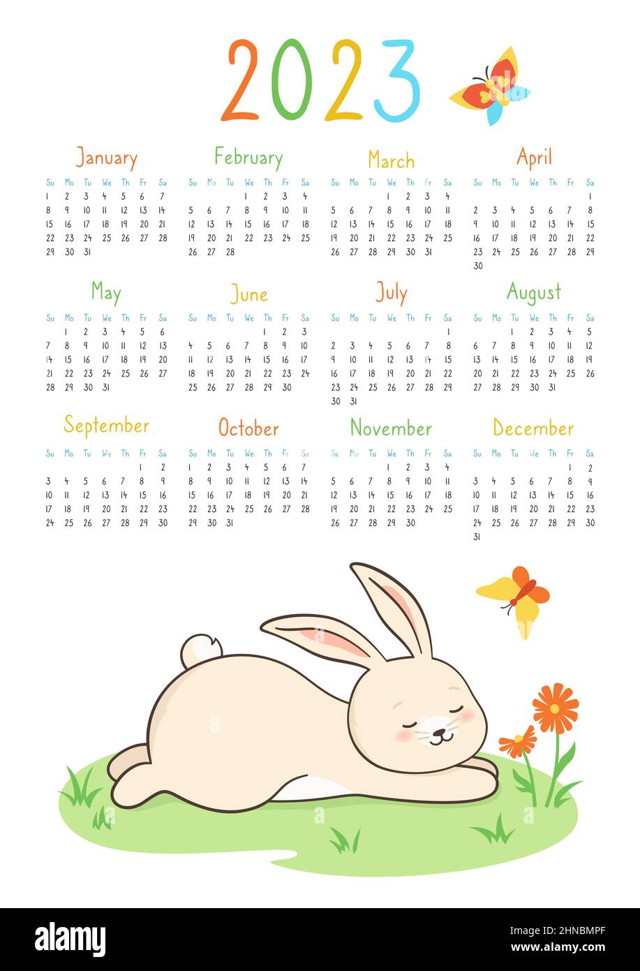 Calendrier Lapin 2023 Calendrier 2023 Avec Lapin, Organisateur De 12 Mois. Lapin Endormi, Affiche  De Dessin Animé Papillons. Personnage Puérile Symbole Mascotte Nouvel An.  Peluche Lièvre Plat Animal Noël Modèle Redy Imprimé Vecteur Image  Vectorielle