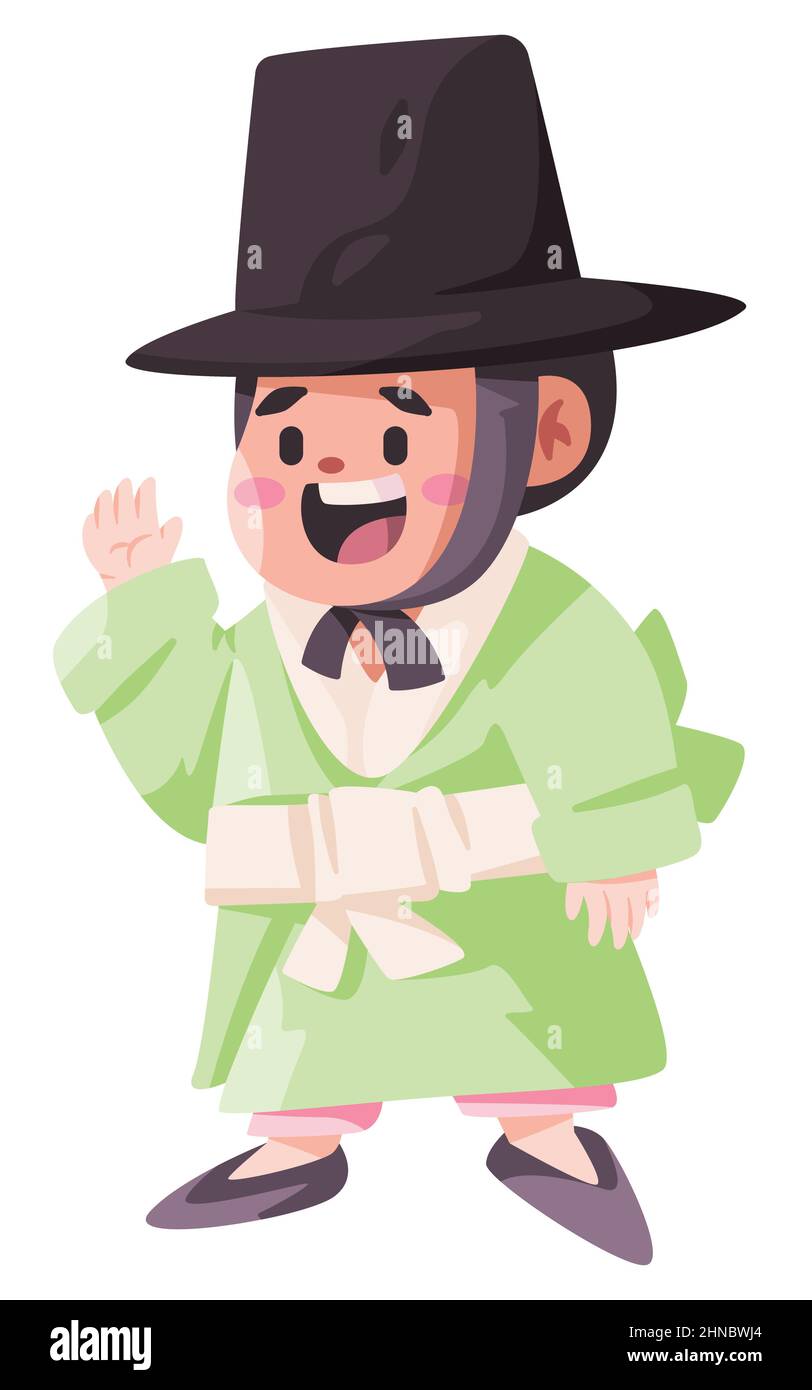 Homme portant hanbok jaegori tenue traditionnelle coréenne avec chapeau personnage de dessin animé sud-coréen sourire heureux Illustration de Vecteur