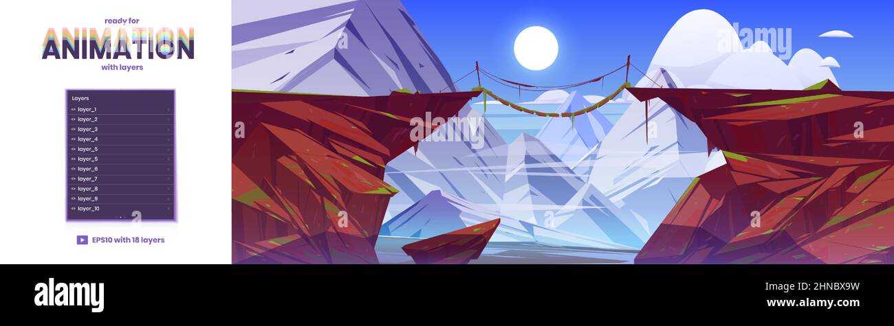 Paysage de montagne avec pont suspendu entre les falaises. Fond de parallaxe vectoriel prêt pour l'animation 2D avec illustration de bandes dessinées de roches blanches et pont de corde en bois sur le précipice Illustration de Vecteur