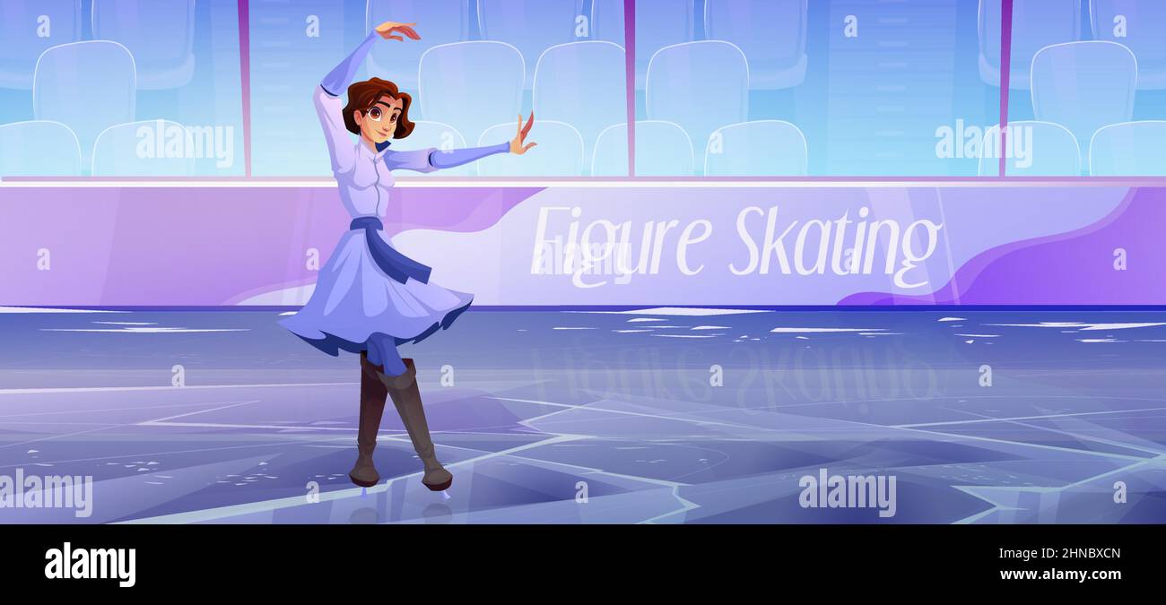 Patinage artistique de fille sur la patinoire, patineuse de jeune femme en danse de robe, exécuter le programme de spectacle sur l'arène de sports d'intérieur avec des tribunes. Danse acrobatique individuelle, illustration vectorielle de dessin animé de sport d'hiver Illustration de Vecteur