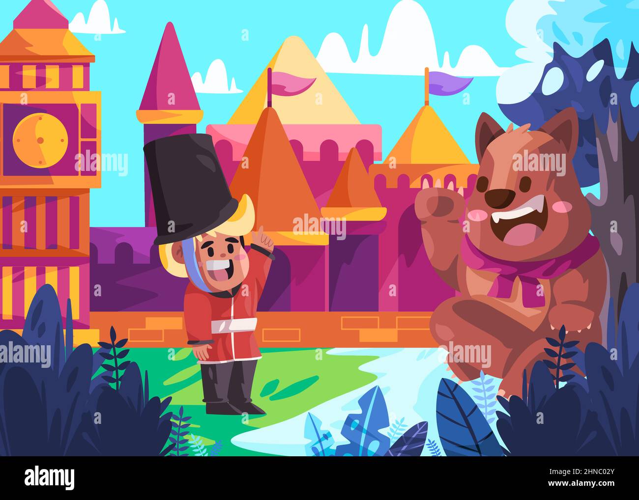 Royaume-Uni Londres Big ben horloge royaume-Uni garde rencontrez grand ours coloré childish illustration graphique Illustration de Vecteur