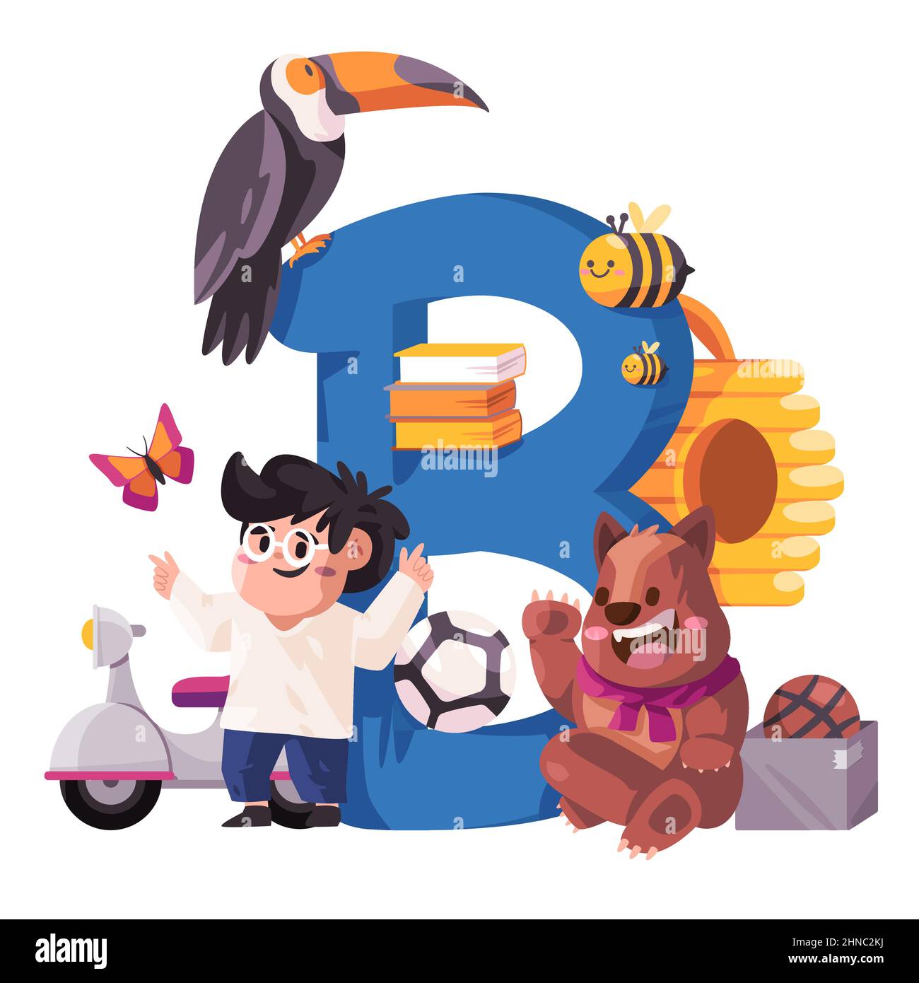 B collection de lettres de l'objet illustration de l'abeille de livre d'ours d'oiseaux boîte papillon et boule grand texte Illustration de Vecteur