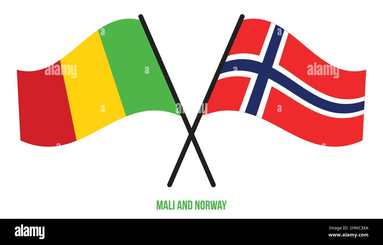 Mali et Norvège drapeaux croisés et ondulant le style plat.Proportion officielle.Corriger les couleurs. Illustration de Vecteur