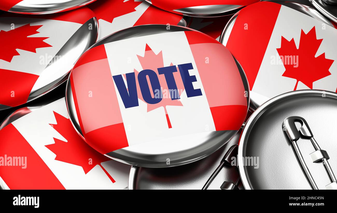 Voter au Canada - drapeau national du Canada sur des dizaines de boutons pinback symbolisant le vote à venir dans ce pays. , illustration 3d Banque D'Images