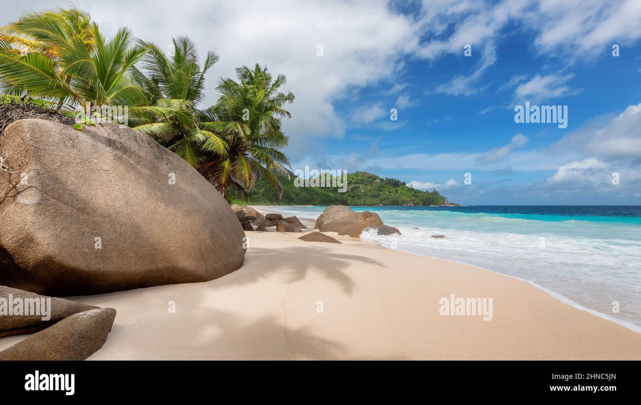 Plage tropicale ensoleillée sur l'île exotique des Seychelles. Banque D'Images