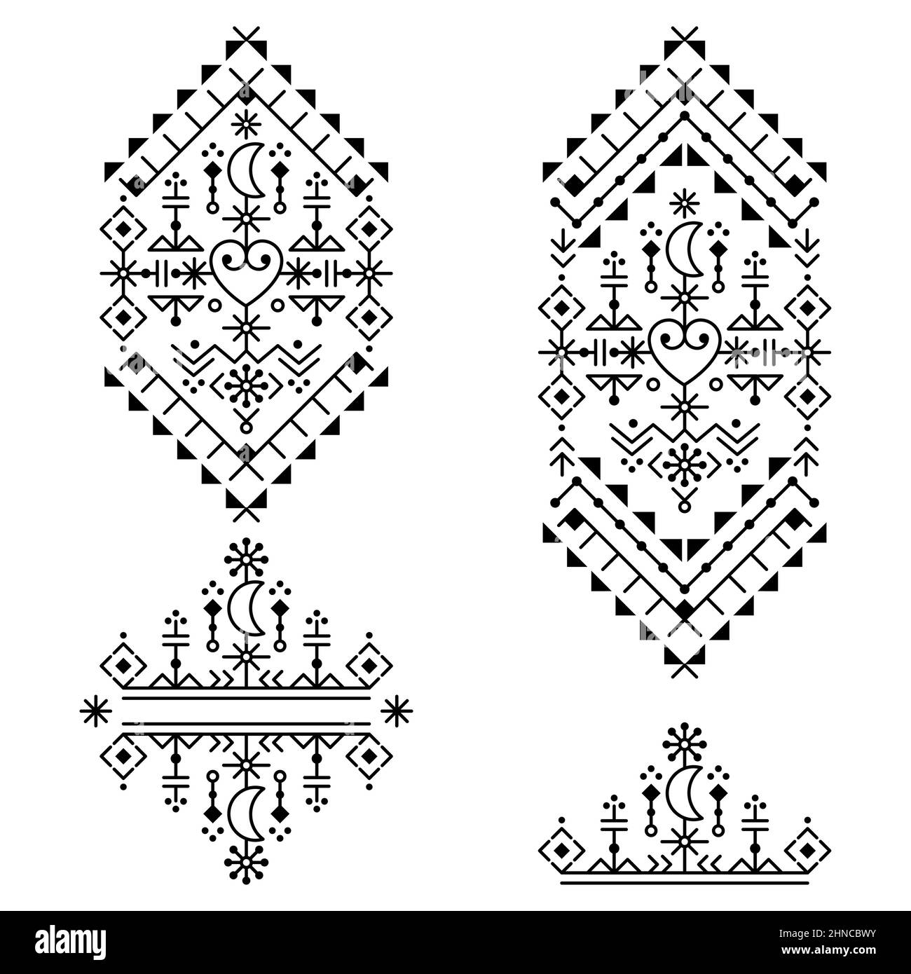 Ensemble de motifs vectoriels géométriques de style scandinave, motif tribal, collection de motifs noir et blanc avec coeurs et lunes inspirés des runes viking Illustration de Vecteur