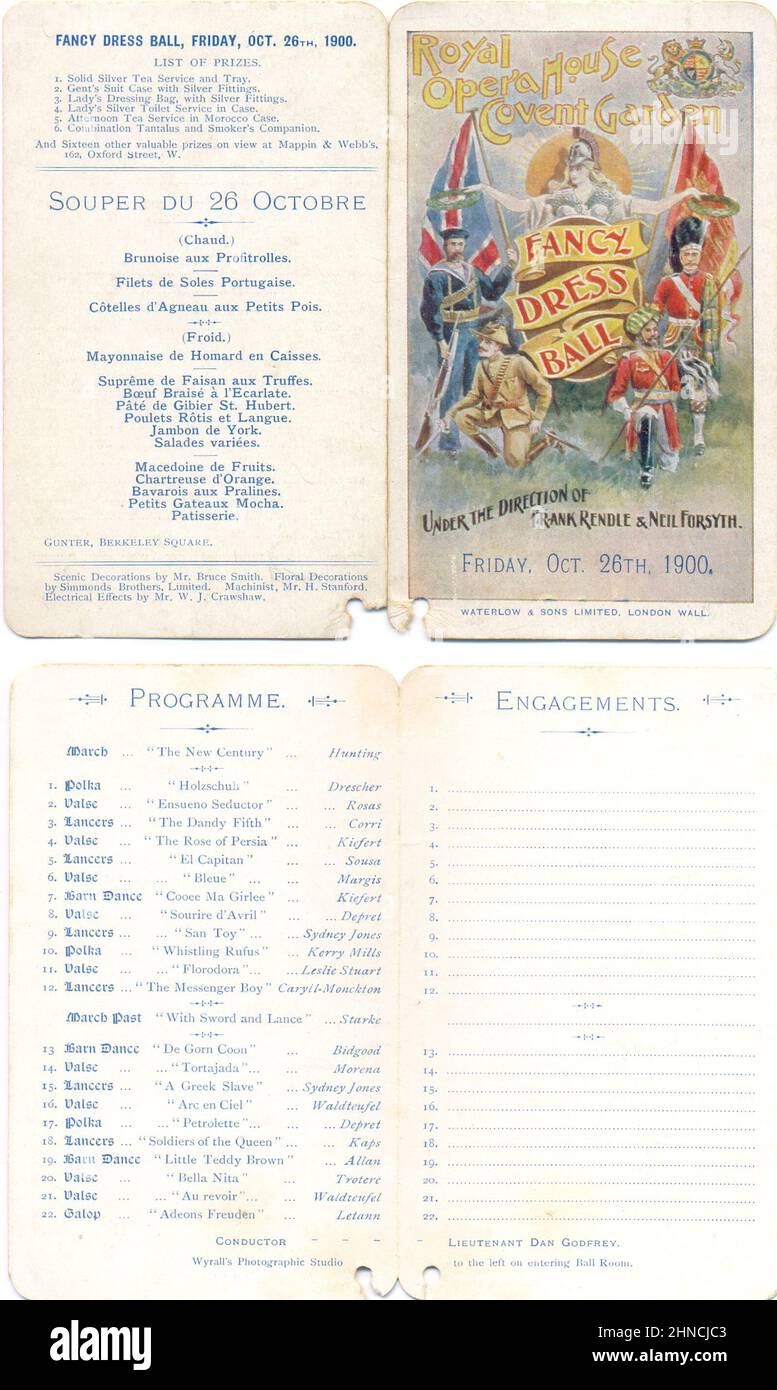 Recto et verso de la carte de danse pour le bal Fancy Dress qui se tiendra à l'Opéra Royal de Covent Garden le 26th octobre 1900 Banque D'Images