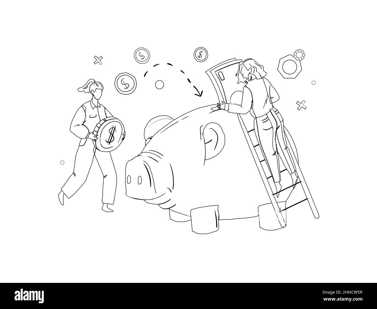 Les gens minuscules mettent de l'argent dans le vecteur de ligne de porcgybank géant Illustration de Vecteur
