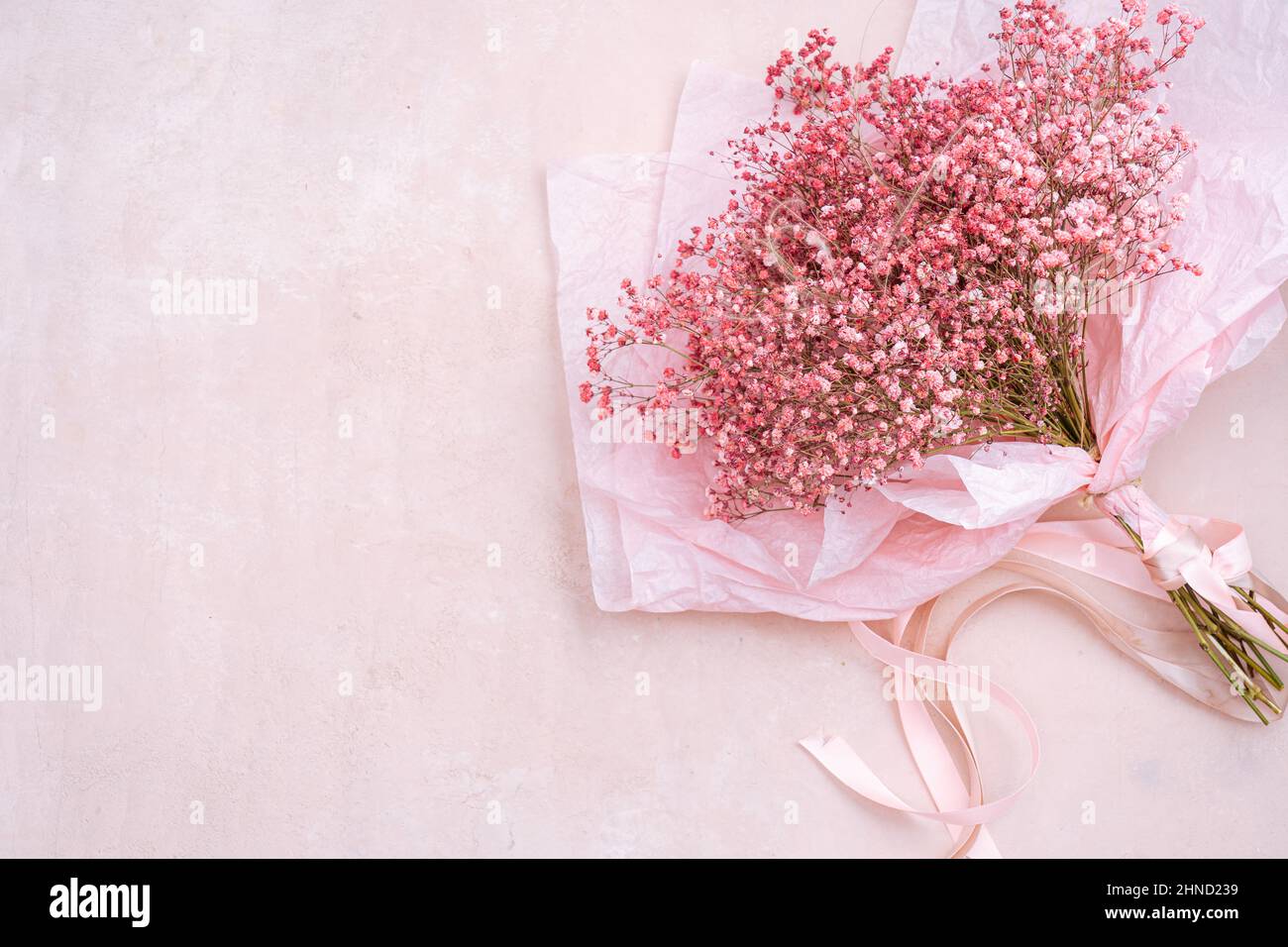 De dessus bouquet de petites fleurs de Gypsophila tendre avec des tiges vertes dans papier d'emballage placé sur fond rose dans la pièce lumineuse Banque D'Images