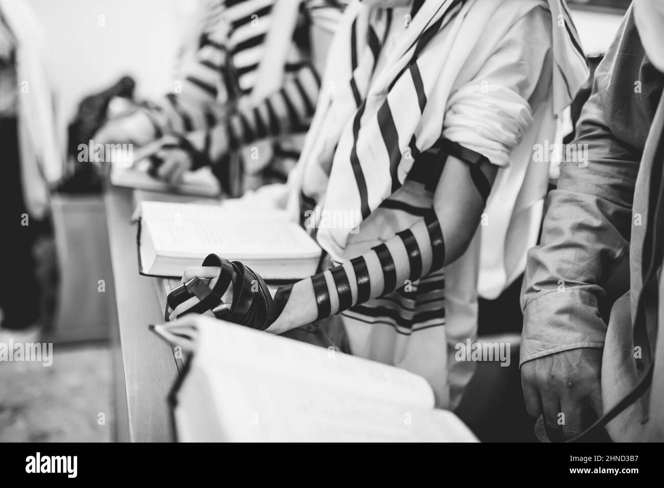 Aliyah à torah. Homme dans la célébration du temple de bar mitzvah homme est en train de lire dans le livre de Tora. Le tfilin est entre ses mains. synagogue, également appelée A. Banque D'Images