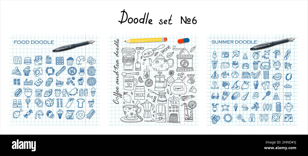 Grand jeu de café et de thé dessinés à la main. Un ensemble d'accessoires d'été vectoriels isolés pour la plage, les produits de restauration rapide. Desserts et bonbons dessinés à la main Illustration de Vecteur