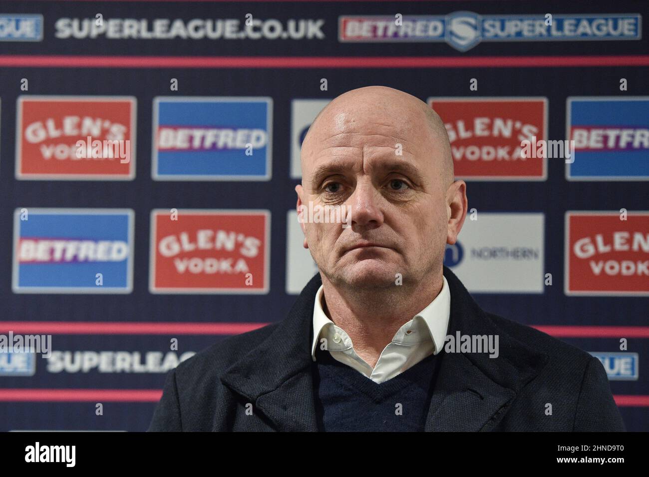 Leeds, Angleterre - 12 février 2022 - Richard Agar, entraîneur de Leeds Rhinos, s'entretient avec les médias après la Ligue de rugby Betfred Super League Round 1 Leeds Rhinos vs Warrington Wolves au stade Emerald Headingley, Leeds, Royaume-Uni Dean Williams Banque D'Images