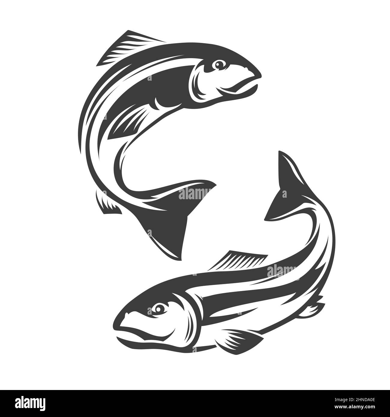 Icône poisson saumon. Sport de pêche, magasin d'équipement de loisir ou magasin de produits de la mer boutique de vecteur monochrome emblème, icône ou yin et yang symbole avec deux maillots de bain Illustration de Vecteur