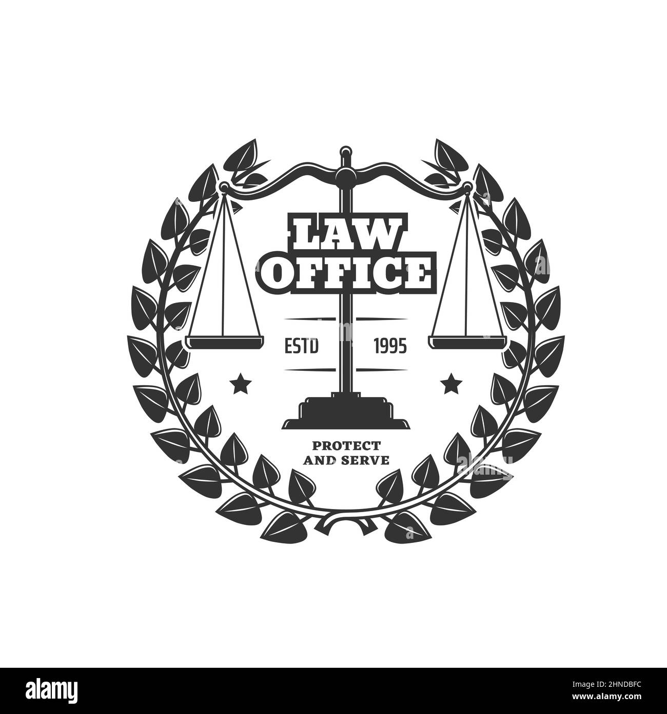 Icône du bureau du droit avec couronne de Laurier. Siège social enregistréet tribunal compétent de la société monochrome vecteur emblème, avocat service signe rétro, justice et droit badge avec noir Illustration de Vecteur