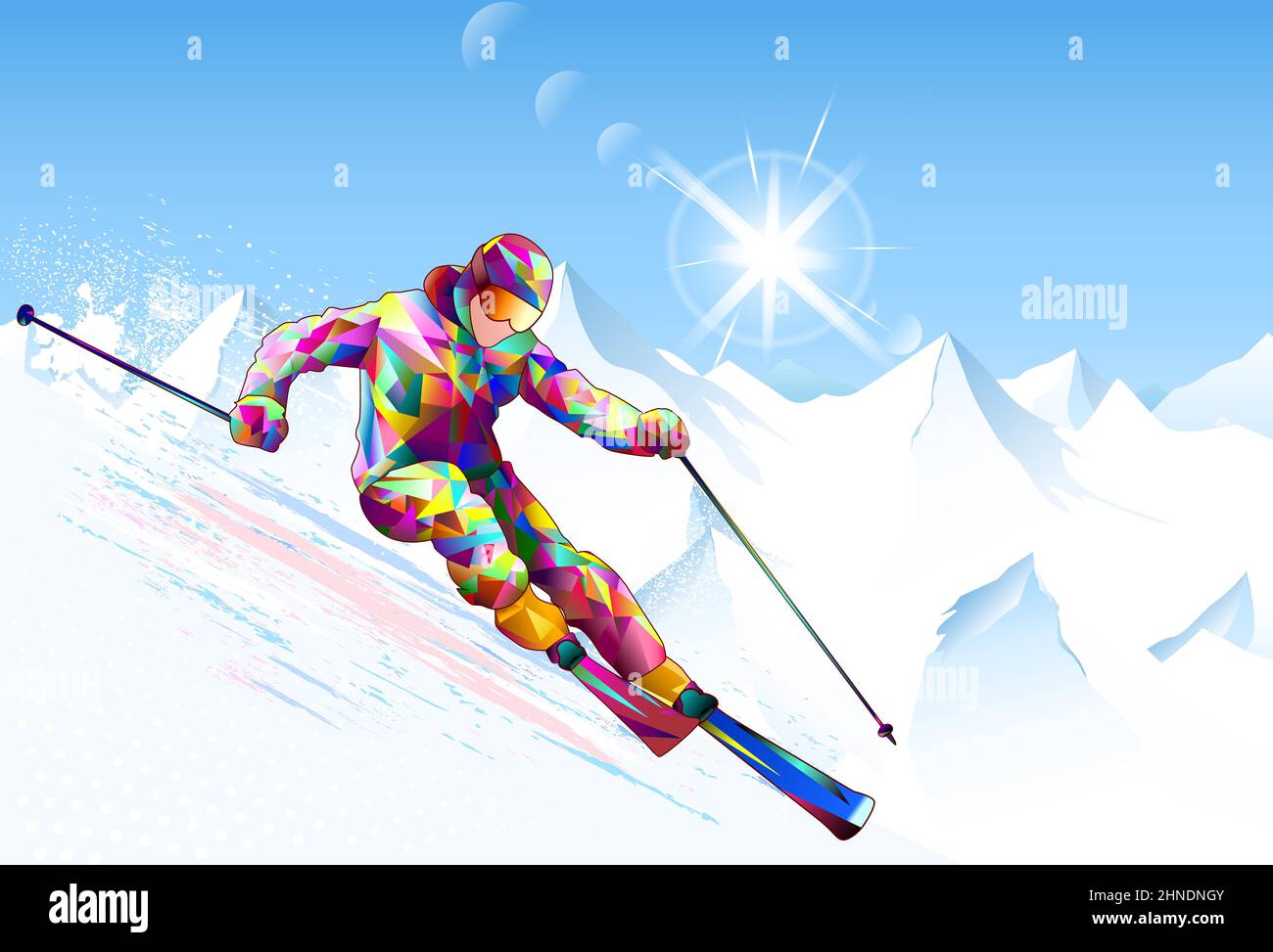 Un skieur descend sur des skis sur fond de ciel, de sommets enneigés et de soleil. Skieur sur une pente enneigée. Illustration de Vecteur