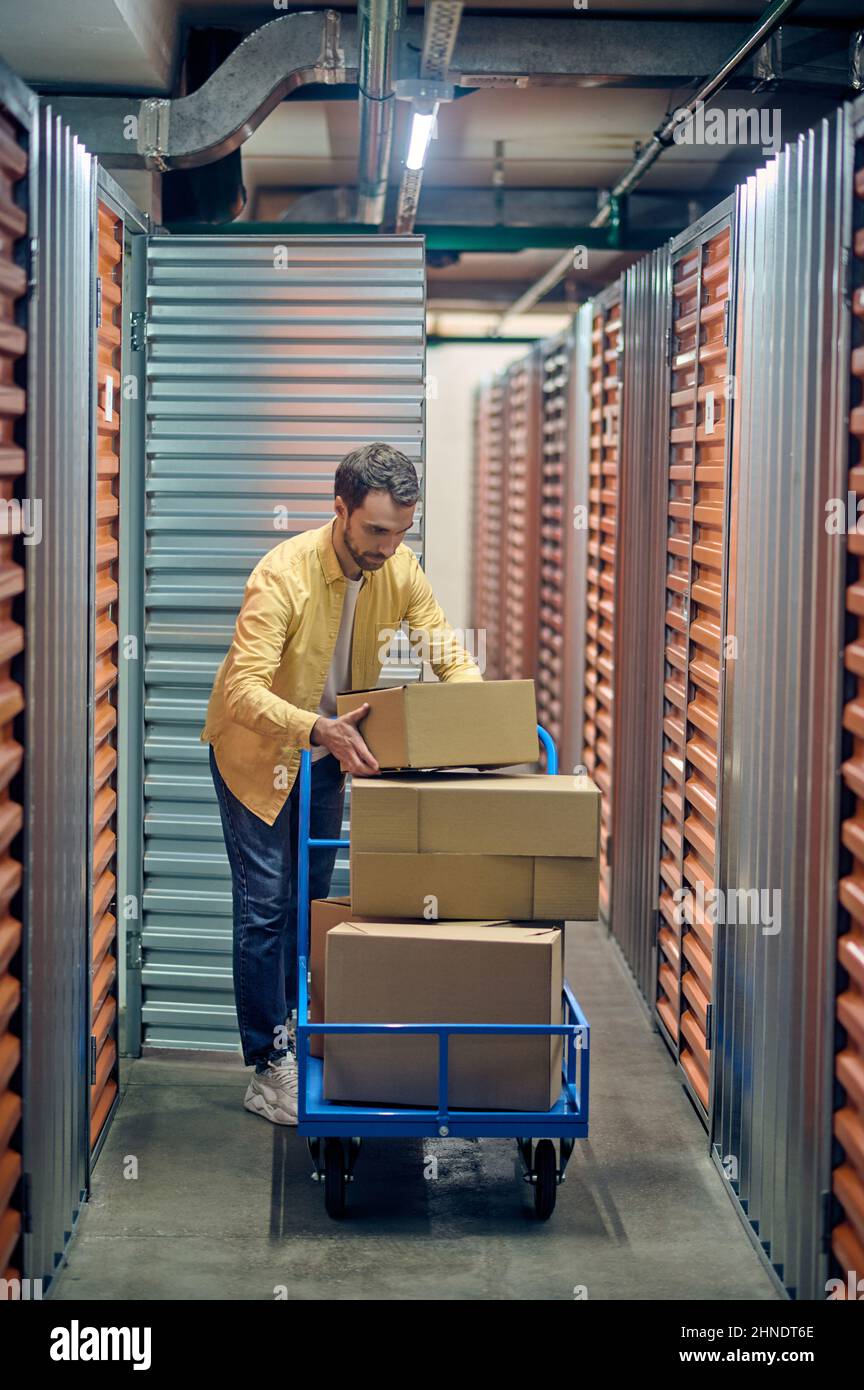 Travailleur concentré empilant des marchandises en boîte sur le chariot à plateforme Banque D'Images