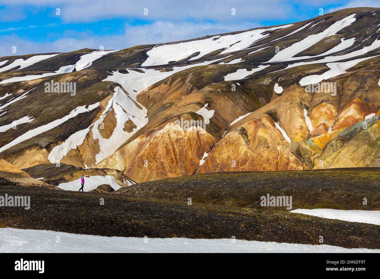 Une femme marche à Landmannalaugar pendant l'été, Landmannalaugar, Highlands, Islande, Europe du Nord Banque D'Images