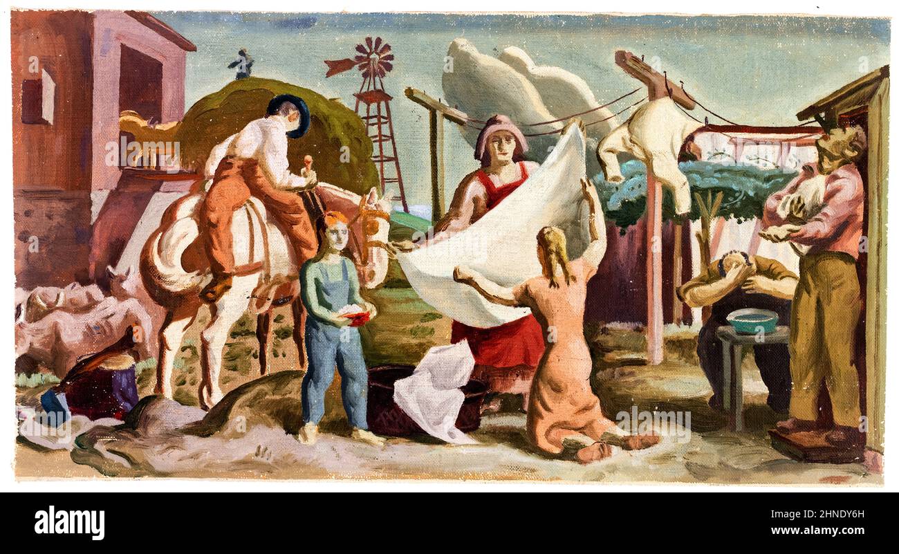 1930s America, Farm Life, (étude possible d'une murale), peinture, huile sur toile, 1933-1943 New Deal art - artiste non identifié Banque D'Images