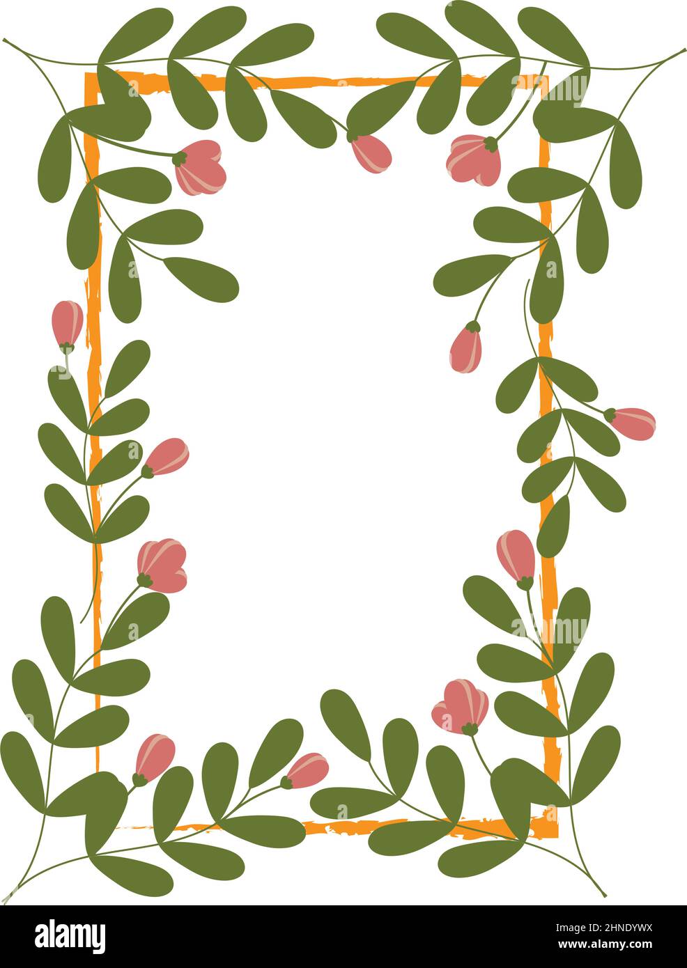 Cadre de printemps sous forme de rectangle avec des brindilles vertes, des fleurs roses et des bourgeons de style caricature. Modèle pour carte de vœux, prospectus, livret. CopySpace. Dessiné à la main. Illustration de Vecteur