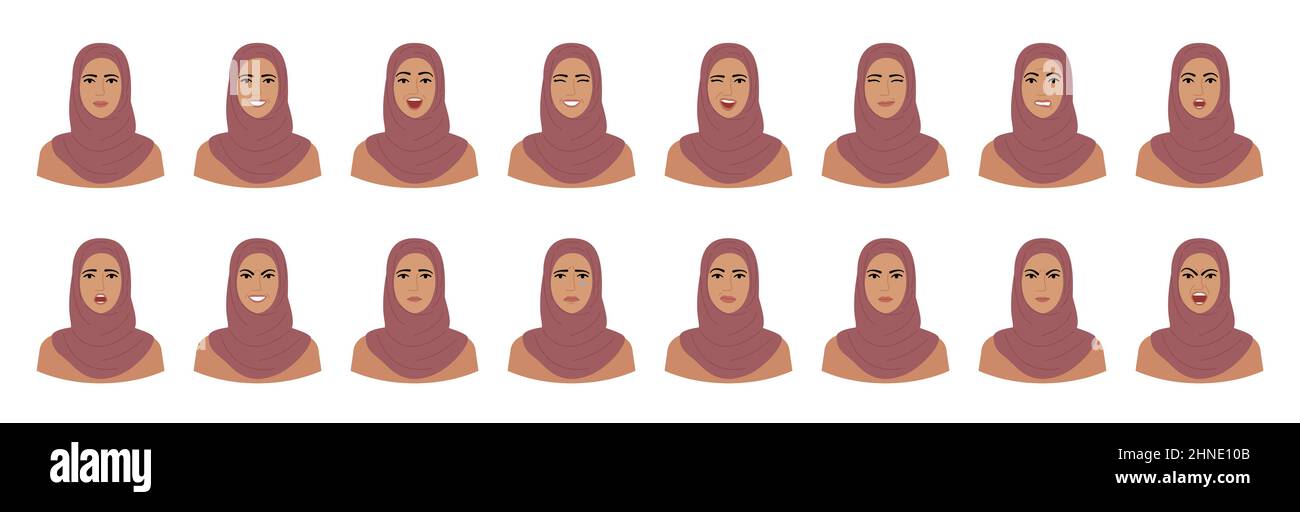 Ensemble des émotions de la femme dans le hijab. Variations des expressions faciales féminines. Sourire, heureux, joyeux, surpris, triste, mécontent, en colère, terrifié Illustration de Vecteur